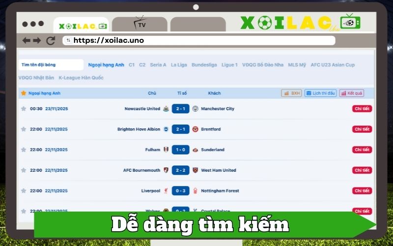Dễ dàng tìm kiếm kết quả theo đội, theo giải, theo ngày
